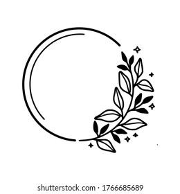 Hand Drawn Monochrome Plant, Leaf Wreath And Frame Element For Logo, Wedding, Greeting Cards, Botanical Icon, Or Banner. Summer, Spring, And Autumn Botanical Element