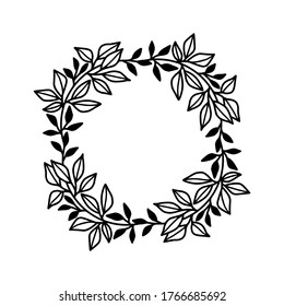 Hand drawn monochrome plant, leaf wreath and frame element for logo, wedding, greeting cards, botanical icon, or banner. Summer, spring, and autumn botanical element