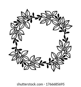Hand drawn monochrome plant, leaf wreath and frame element for logo, wedding, greeting cards, botanical icon, or banner. Summer, spring, and autumn botanical element