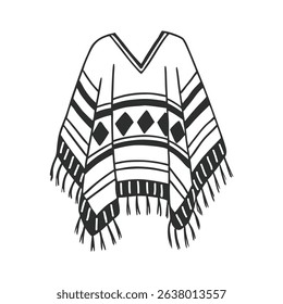 Hand drawn monochrome poncho with fringe and ethnic patterns. National symbol of Mexico. Line art style illustration.