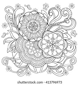 Hand drawn monochrome print with doodle flowers and mandalas. Boho style. Image for adult  coloring books, tattoo, decorate dishes, cups, porcelain, ceramics, shirts, dresses, bags, tunics. eps 10