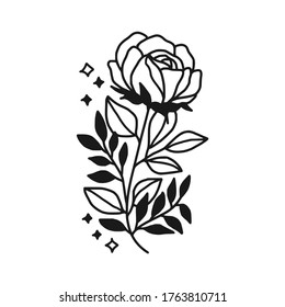 Hand drawn monochrome rose, flower, leaf, and foliage element for wedding invitation, logo, symbol, greeting cards,  botanical icon, or banner. Summer, spring, and autumn botany element