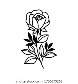 Hand drawn monochrome rose, flower, leaf, and foliage element for wedding invitation, logo, symbol, greeting cards,  botanical icon, or banner. Summer, spring, and autumn botany element