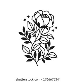 Hand drawn monochrome rose, flower, leaf, and foliage element for wedding invitation, logo, symbol, greeting cards,  botanical icon, or banner. Summer, spring, and autumn botany element