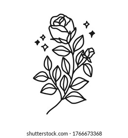 Hand drawn monochrome rose, flower, leaf, and foliage element for wedding invitation, logo, symbol, greeting cards,  botanical icon, or banner. Summer, spring, and autumn botany element