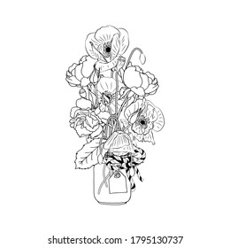 Hand drawn monochrome rose and poppy flowers in mason jar clipart. Floral design element. Isolated on white background. Vector illustration.