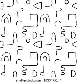 Hand drawn monochrome seamless pattern. Irregular chalk doodle lines. Abstract vector background with curve textured shapes.