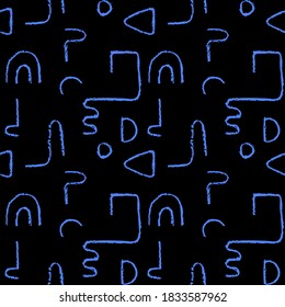 Hand drawn monochrome seamless pattern. Irregular chalk doodle lines. Abstract vector background with curve textured shapes.