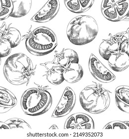 Hand drawn monochrome seamless pattern with different tomatoes and sauce sketch style, vector illustration on white background. Healthy fresh vegetables. Design for packaging