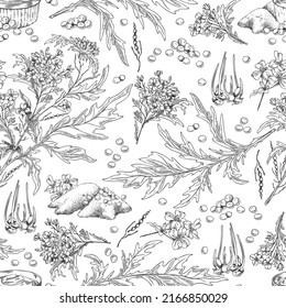 Hand drawn monochrome seamless pattern with mustard powder, seeds and plants sketch style, vector illustration on white background. Wrapping or packaging design, black outline