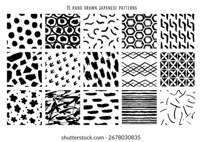 Hand drawn monochrome seamless patterns collection.