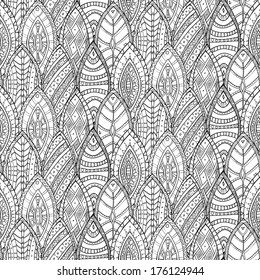 Hand drawn monochrome seamless vector abstract ethnic pattern with ornamental foliage.