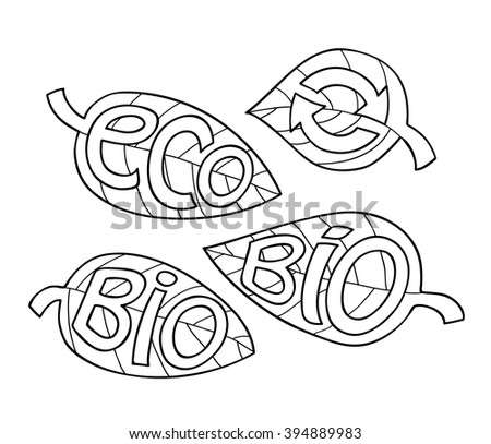 Hand drawn monochrome set of Eco labels. Ecology Inscriptions on leaf shape. Vector illustration.