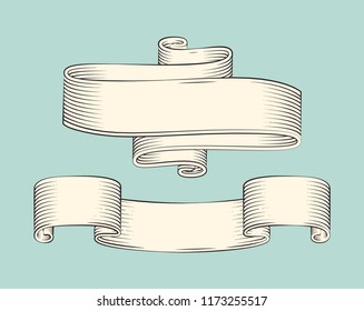 Hand drawn monochrome sketch set of ribbons vector icons. Decorative shaped stripes, curly and scroll, horizontal rolled strings, line art outline graphic