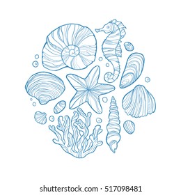 Hand drawn monochrome sketch of shell, seahorse, starfish, coral and others sea life in circle isolated on white background. Art vector stylized illustration.