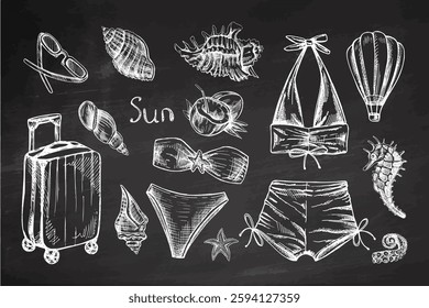 Hand drawn monochrome sketch of summer swimwear, travel accessories and marine elements on chalkboard background


