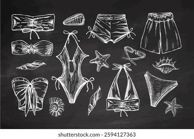 Hand drawn monochrome sketch of summer swimwear collection with stylish details on chalkboard background

