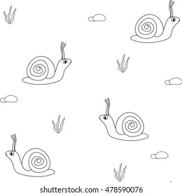 hand drawn monochrome snail, stone, algae on a white background