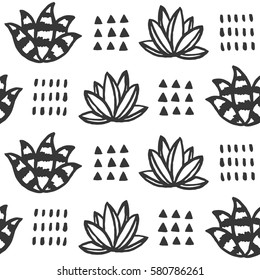 Hand drawn monochrome succulent seamless pattern. Vector illustration.