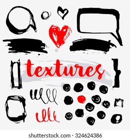 Hand Drawn monochrome texture elements  set. Vector illustration isolated on white. 
Abstract artistic ink hand painted spots. Text template. Black and white shades. Grunge texture. Artist collection