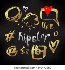 Hand Drawn monochrome texture elements set in gold over black. Vector illustration isolated on white. Abstract artistic ink hand painted spots. Text template. Grunge texture. Artist collection 