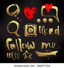 Hand Drawn monochrome texture elements set in gold over black. Vector illustration isolated on white. Abstract artistic ink hand painted spots. Text template. Grunge texture. Artist collection 