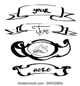  Hand Drawn monochrome texture ribbons set.  Text template. Black and white shades. Grunge texture. Artist collection Vector vintage design with copy space for your text.