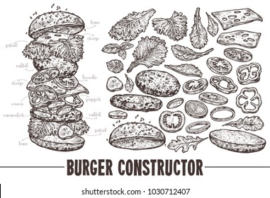 Hand drawn monochrome vector burger with ingredients. Sketch illustration of hamburger products components and elements. Constructor for fast food restaurant menu