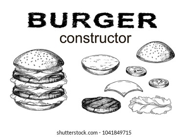 Hand drawn monochrome vector burger with ingredients. Sketch illustration of hamburger products components and elements. Constructor for fast food restaurant menu