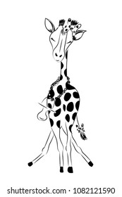 Hand drawn monochrome vector illustration with a cute giraffe female baby girl celebrating new birth - isolated on white background