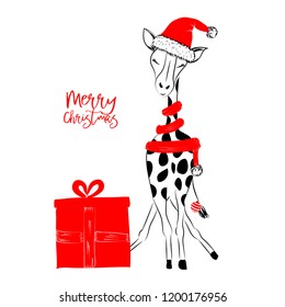 Hand drawn monochrome vector illustration with a cute giraffe celebrating a merry Christmas - isolated on white background for print cards and web banner