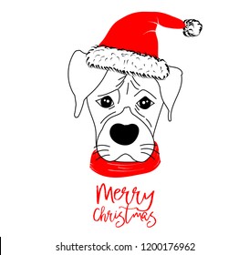 Hand drawn monochrome vector illustration with a cute dog celebrating a Merry Christmas - isolated on white background for print cards and web banner