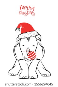 Hand drawn monochrome vector illustration with a cute rhinoceros celebrating a merry Christmas - isolated on white background for print cards and web banner