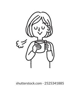 Handgezeichnete monochrome Vektorgrafik von Frau, die Kaffee trinkt und entspannt