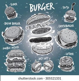 Hand Drawn Monochrome Vector Illustration Of 8 Popular Burgers, Including Hamburger, Cheeseburger, Bacon Burger, Double Decker Burger, Slider Burger, Luther Burger, Juicy Lucy Burger, 50/50 Burger.