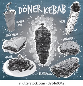 Hand drawn monochrome vector illustration of Doner Kebab in most popular variations; on pole, wrap, flat bread, sandwich, plate with orange juice and flames.