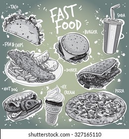 Hand drawn monochrome vector illustration of popular Fast Food varieties including Taco, Fish and Chips, Burger, Flat Bread Doner Kebab, Supreme Pizza, Ice Cream and a Soda Drink.