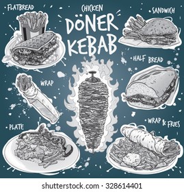 Hand drawn monochrome vector illustration of popular chicken doner kebab variations, flat bread, sandwich, half a bread, wrap, on a plate, on pole with fries and sidings.