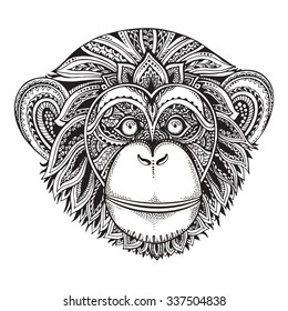 Hand Drawn Monochrome Vector Illustration Of Ornate Zentagle Chimpanzee Monkey. Ethnic Graphic Tattoo Style