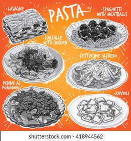 Hand drawn monochrome vector illustration of 6 popular Pasta dishes, including Lasagne, Spaghetti with Meatballs, Farfalle with Chicken Fettuccine Alfredo, Penne al Pomodoro and Ravioli.