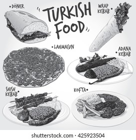 Hand drawn monochrome vector illustration of 6 popular Turkish Food varieties; including Half Bread Doner Kebab, Wrap Kebab, Lahmacun, Adana Kebab, Shish Kebab and Kofta or Turkish Meatballs.