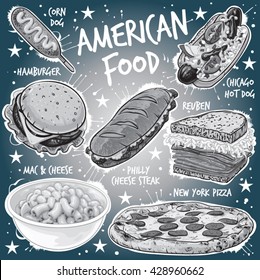 Hand Drawn Monochrome Vector Illustration Of Seven Popular American Food Varieties; Corn Dog, Chicago Hot Dog, Hamburger, Philadelphia Cheese Steak, Reuben Sandwich, Mac And Cheese, New York Pizza. 