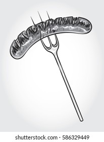 Hand drawn monochrome vector illustration of a grilled sausage on fork.