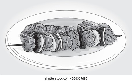 Hand drawn monochrome vector illustration of barbecue chicken skewers on a plate.