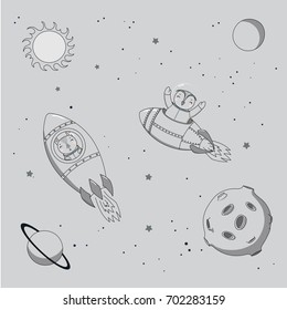 Hand drawn monochrome vector illustration of a cute funny bunny and owl astronauts flying in rockets in outer space, on a gray background with stars and planets. Isolated objects. Design concept kids.