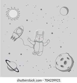 Hand drawn monochrome vector illustration of a cute funny rabbit astronaut on a spacewalk in outer space, on a background with stars and planets. Isolated objects. Design concept for children.