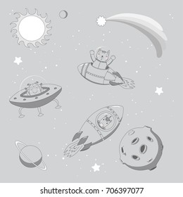 Hand drawn monochrome vector illustration of a cute funny alien in a flying saucer and unicorn and cat astronauts in rockets, on a background with planets. Isolated objects. Design concept for kids.