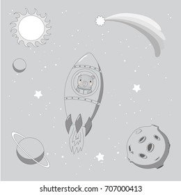 Hand drawn monochrome vector illustration of a cute funny rabbit astronaut flying in a rocket in outer space, on a background with stars and planets. Isolated objects. Design concept for children.