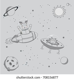 Hand drawn monochrome vector illustration of a cute funny alien in a flying saucer and deer astronaut in a rocket, on a gray background with stars and planets. Isolated objects. Design concept kids.