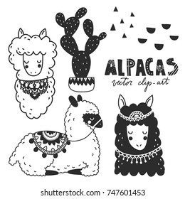 Hand drawn monochrome vector illustration. Llamas or alpacas. Scandinavian style. For nursery room posters, greeting cards, apparel and other. Black and white.